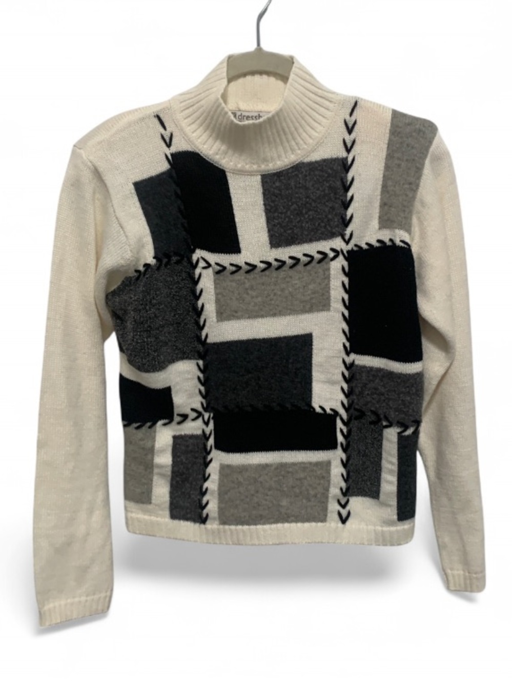 Y2K Dressbarn Cream Geometric Colorblock Mock Neck Sweater
